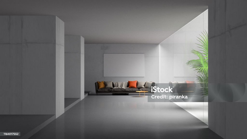 Modern room 3D render of an empty modern concrete building interior, living room Living Room Stock Photo