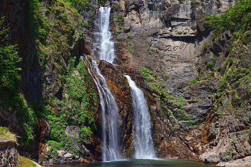 Picturesque Cascading Ulim waterfall in North Korean mountains, outside of Wonsan. Ullim Falls. North Korea