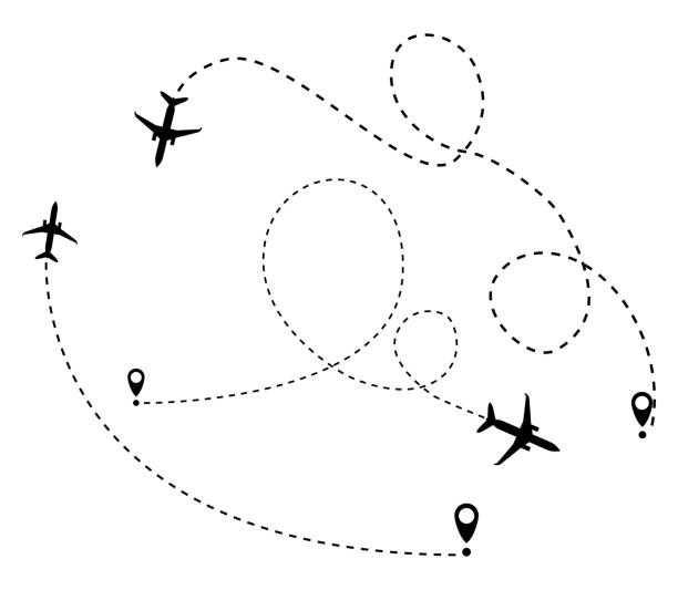 airplane dotted line The airplane is in a dotted line. The flying apartment is black. The waypoint is for a tourist trip. and his track on a white background. dotted line stock illustrations