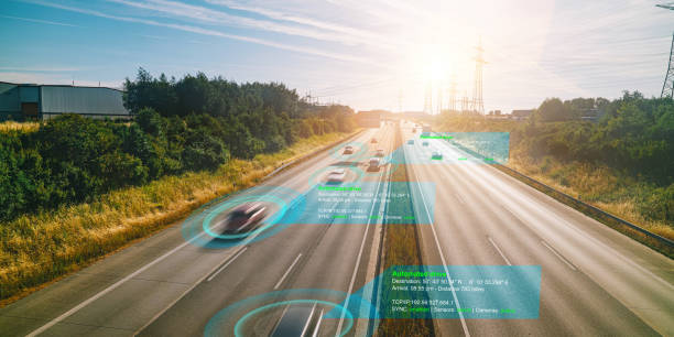 istock Smart car (HUD) , Autonomous self-driving mode vehicle on highway road iot concept with graphic sensor radar signal system and internet sensor connect. 1164022522