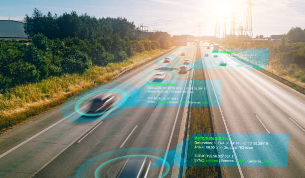 istock Smart car (HUD) , Autonomous self-driving mode vehicle on highway road iot concept with graphic sensor radar signal system and internet sensor connect. 1164022549