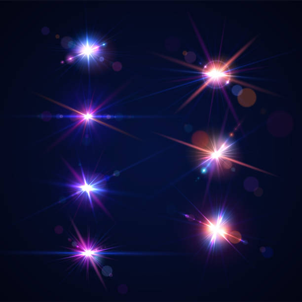 ilustrações de stock, clip art, desenhos animados e ícones de glowing lens flares. set of beautiful glare effects with bokeh, glitter particles and rays. sparkling light effects of flash with colorful twinkle. shining abstract background - blue tone flash