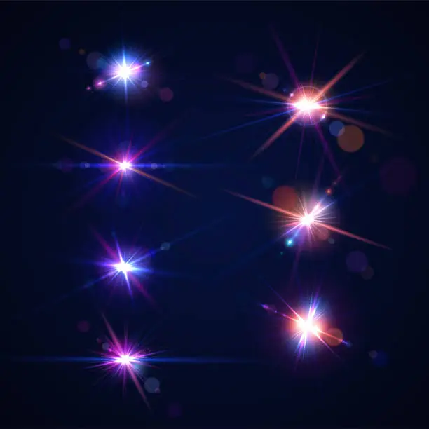 Vector illustration of Glowing lens flares. Set of beautiful glare effects with bokeh, glitter particles and rays. Sparkling light effects of flash with colorful twinkle. Shining abstract background