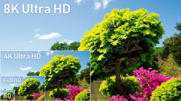 8K, 4K, high definition resolution compare 8K Ultra HD, 4K UHD, Full HD and HD resolution compare. TV standards presentation 4k resolution stock pictures, royalty-free photos & images