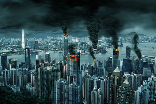 3D illustration of fictitious destruction of chaotic Hong Kong city skyline with fires, explosion. Concept of riots, war, disasters, judgement day, fire, terrorism, apocalypse. Created entirely in Photoshop.