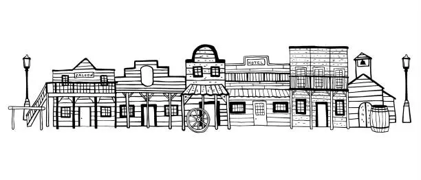 Vector illustration of America Wild West town landscape. Hand drawn outline sketch doodle vector illustration