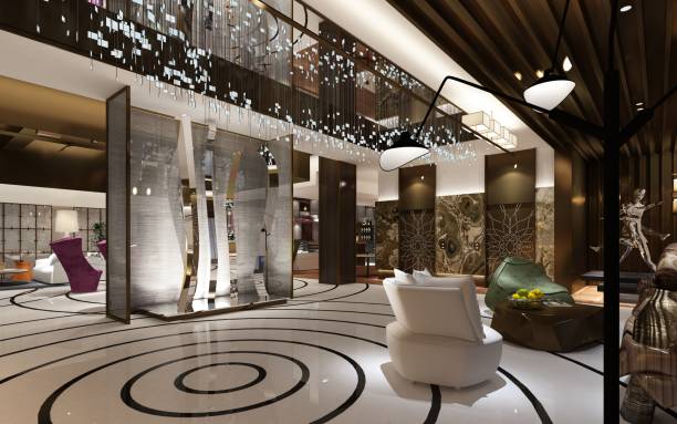 renderowanie 3d. wnętrze holu i recepcji. - hotel reception lobby hotel luxury zdjęcia i obrazy z banku zdjęć