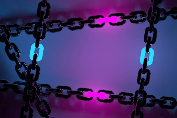 istock Large chains with glowing pink blue neon links 1164035097