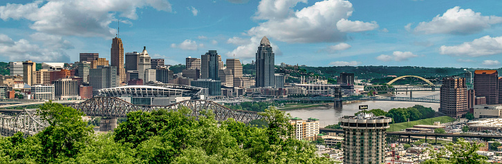 Cincinnati, Ohio, USA, August 13, 2018, Panoramic view of the downtown Cincinnati skyline