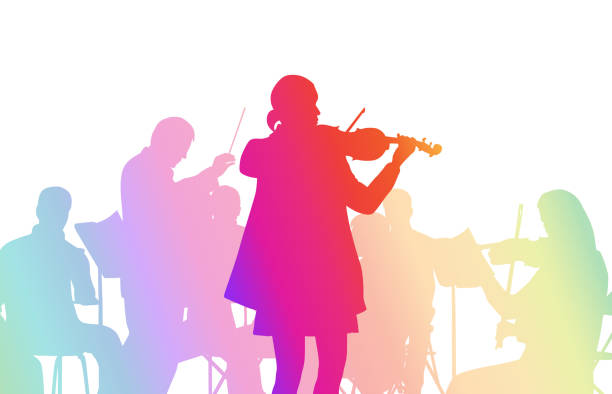 ilustraciones, imágenes clip art, dibujos animados e iconos de stock de violin orchestra rainbow - violinist