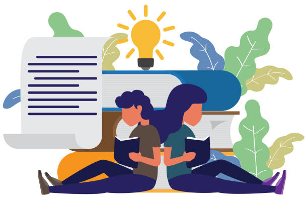 man and woman sitting front big books reading and knowledge. modern flat style vector illustration. Book festival concept of a small people reading a open huge book. vector art illustration
