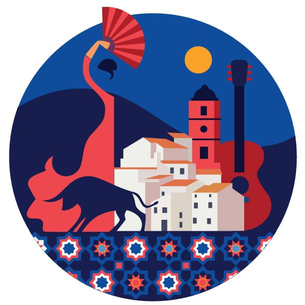 ilustraciones, imágenes clip art, dibujos animados e iconos de stock de emblema del círculo vectorial andaluz con mujer bailarina flamenca - spain