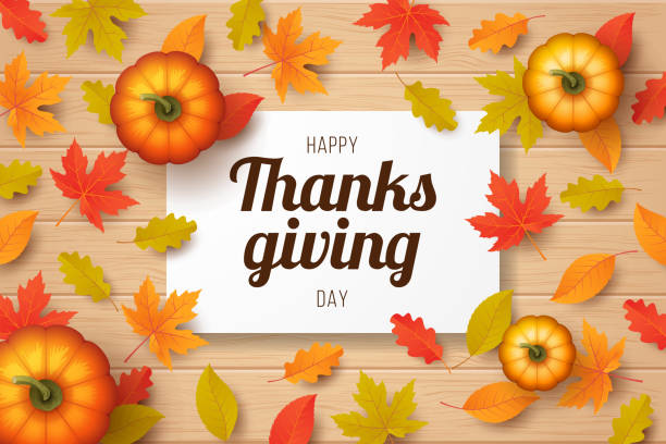 istock Happy thanksgiving day background with autumn leaves, pumpkins and wooden background. Vector illustration 1164042686
