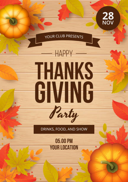 Happy thanksgiving day party poster template with autumn leaves, pumpkins and wooden background. Vector illustration Happy thanksgiving day party poster template with autumn leaves, pumpkins and wooden background. Can be used for  poster, banner, flyer, invitation, website or greeting card. Vector illustration thanksgiving dinner stock illustrations