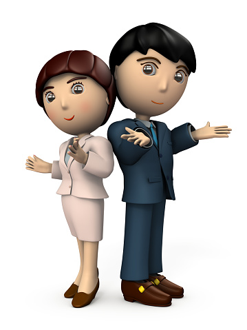 A pair of men and women dressed in a business suit. They are welcoming you. White background. 3D illustration.
