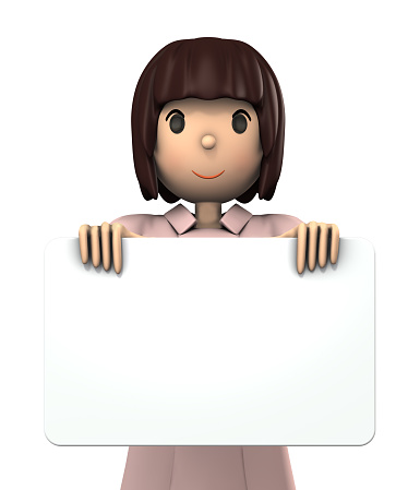 Young female nurse holding a big message board. White h background. 3D illustration.