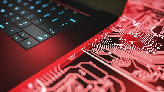 laptop computer and circuit board. 3d rendering and illustration.