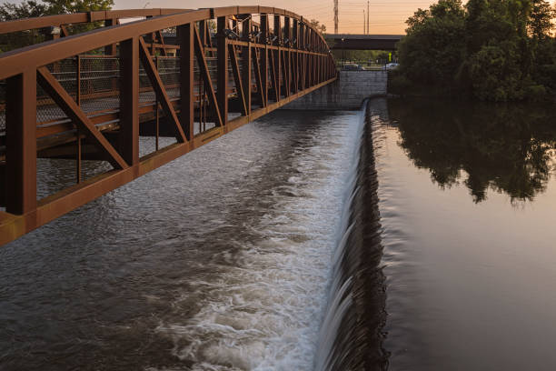 footbridge and waterfall - mohawk river imagens e fotografias de stock