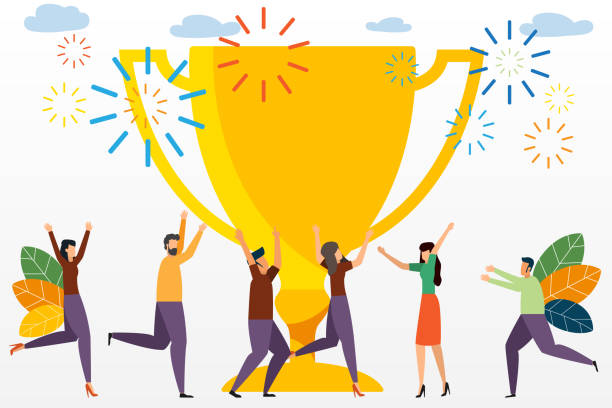 istock Success business team concept illustration. Small people celebrate success achievement with a big trophy. can be use for landing page. template. vector illustration. 1164051611