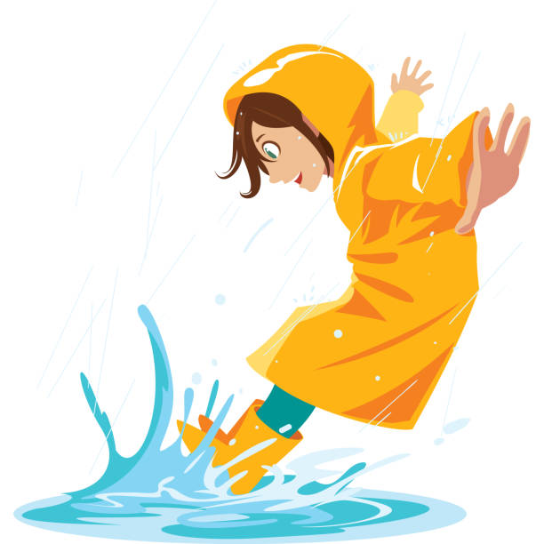 소녀는 장마철에 비 웅덩이에 밟는 것을 좋아합니다. - puddle rain child splashing stock illustrations