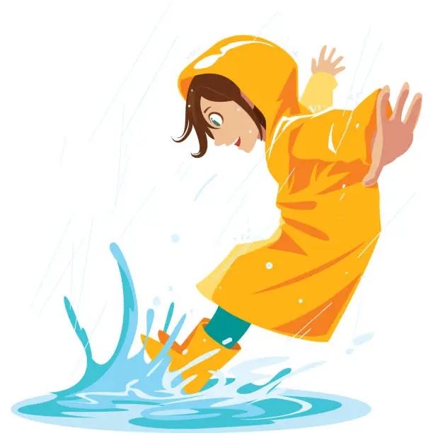 Vector illustration of girl like to stomp in rain puddles In the rainy season.