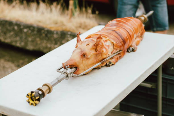 Suckling pig cooked on a table roasted piglet anniversaire stock pictures, royalty-free photos & images