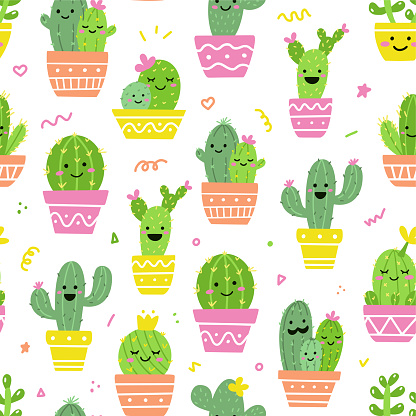Vector cactus seamless pattern. Kawaii cacti with fun faces. Ideal for baby textiles or wrapping paper.