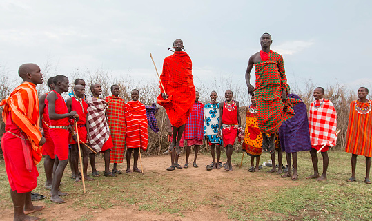 Masai Mara, Kenya, May 23, 2017: Masai warriors during a ceremony, Kenya