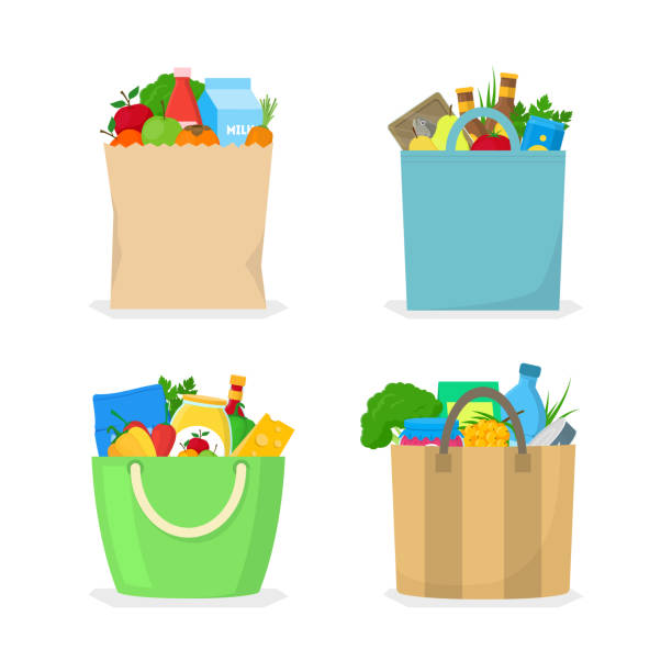 ilustraciones, imágenes clip art, dibujos animados e iconos de stock de bolso de compras de color de dibujos animados con conjunto de icono de comida. vector - bolsa objeto fabricado