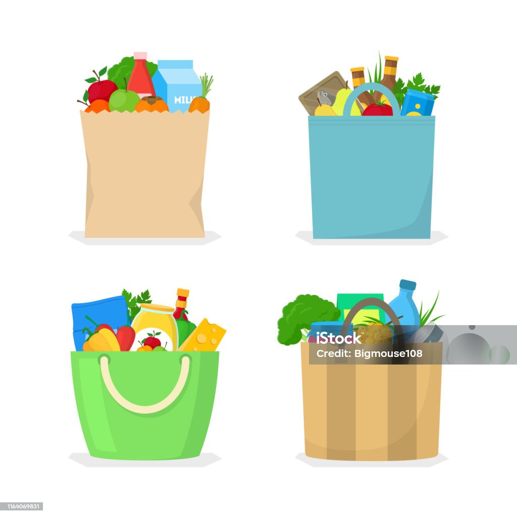 Cartoon Color Shopping Bag With Food Icon Set Vector Stock Illustration -  Download Image Now - iStock
