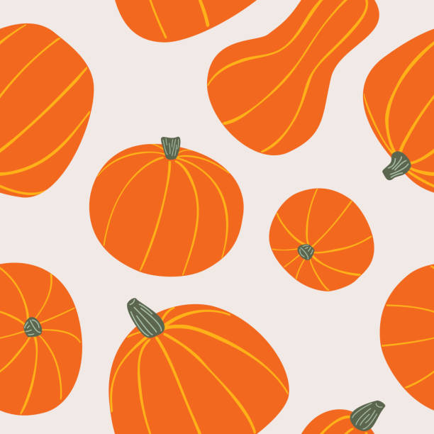 jedzenie ręcznie rysowane wektorowy wzór stylizowane pomarańczowe dynie - pumpkin patch stock illustrations