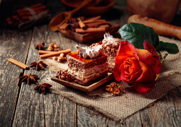 Gourmet chocolate dessert with chocolate rose isolated on white background. You might also be interested in this: