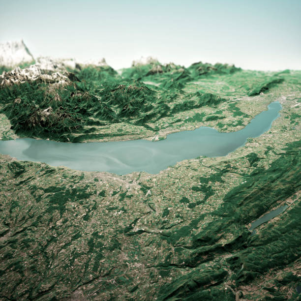 le lac léman 3d render horizon vue aérienne de north jun 2019 - lake geneva photos et images de collection