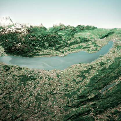 3D Render of a Topographic Map of the Lake Geneva area, Switzerland.\nAll source data is in the public domain.\nContains modified Copernicus Sentinel data (Jun 2019) courtesy of ESA. URL of source image: https://scihub.copernicus.eu/dhus/#/home.\nRelief texture SRTM data courtesy of NASA. URL of source image: https://search.earthdata.nasa.gov/search/granules/collection-details?p=C1000000240-LPDAAC_ECS&q=srtm%201%20arc&ok=srtm%201%20arc