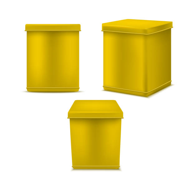 Realistic Detailed 3d Yellow Blank Tin Can Template Mockup Set. Vector Realistic Detailed 3d Yellow Blank Tin Can Template Mockup Set for Cereal, Coffee, Tea, Sugar, Spice and Dry Product. Vector illustration blank cereal box clip art stock illustrations