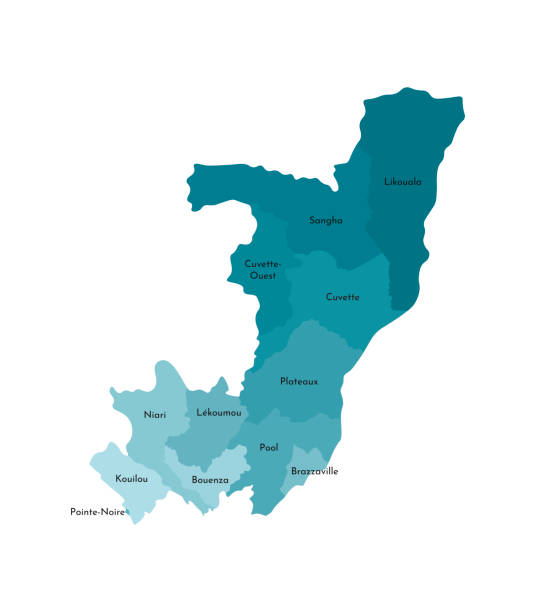 vektor isolierte abbildung der vereinfachten verwaltungskarte der republik kongo. grenzen und namen der abteilungen (regionen). bunte blaue khaki-silhouetten - pointe noire stock-grafiken, -clipart, -cartoons und -symbole