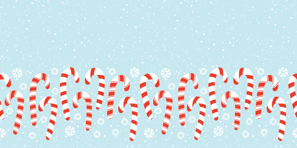 illustrazioni stock, clip art, cartoni animati e icone di tendenza di flat red and white holiday christmas and new year candy canes and snowflakes horizontal vector seamless border - hard candy candy backgrounds multi colored