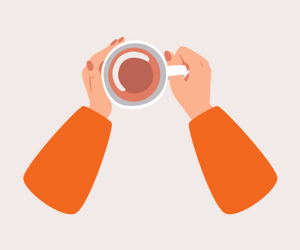 top view eine tasse schwarzen tee oder kaffee wärmt eine menschliche hand. - black coffee illustrations stock-grafiken, -clipart, -cartoons und -symbole