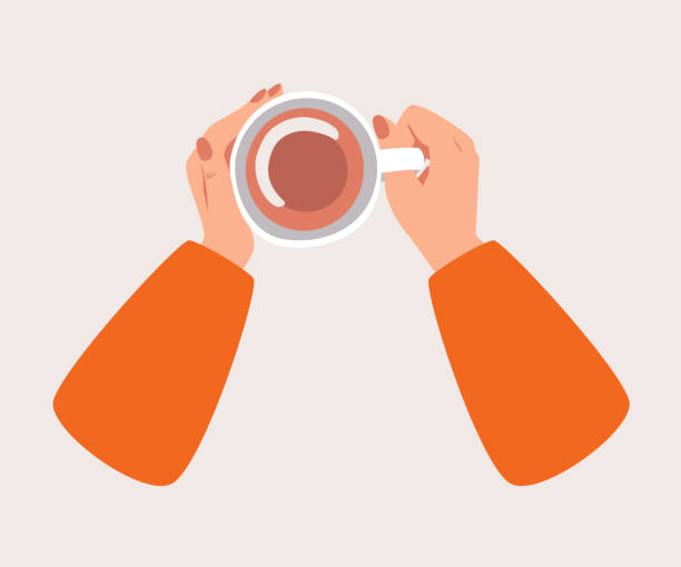 Top view a Cup of black tea or coffee  warms a human hands. Top view a Cup of black tea or coffee  warms a human hands. Cozy autumn concept in flat cartoon style. groups of teens stock illustrations