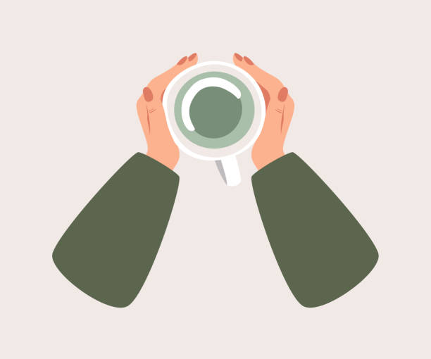 Top view a Cup of green tea warms a human hands. Top view a Cup of green tea warms a human hands. Cozy autumn concept in flat cartoon style. warms stock illustrations