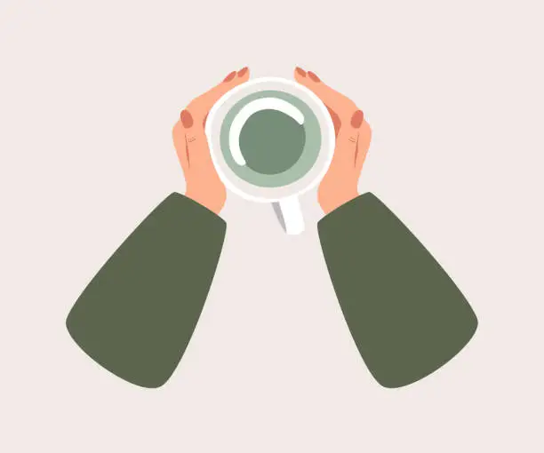 Vector illustration of Top view a Cup of green tea warms a human hands.