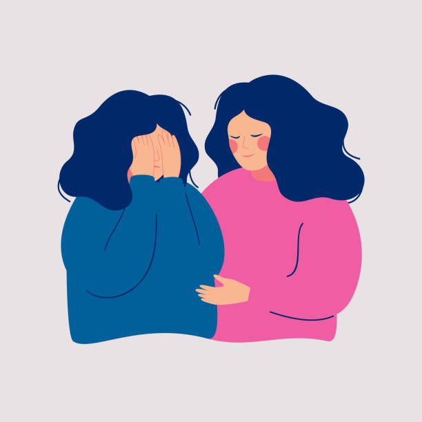 Young woman comforting her crying best friend Young woman comforting her crying best friend. Depressed girl covering face with  hands and her girlfriend consoling and care about her. Help and support concept. Hand drawn style vector design illust compassion stock illustrations
