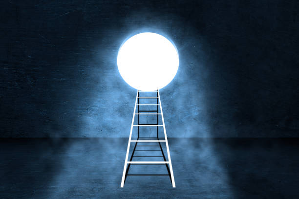 istock circle hole on the dark interior room, with dark concentrate floor with stairs to exit 1164077434