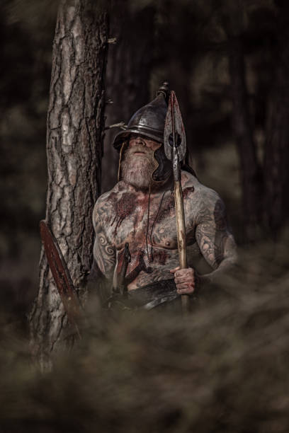 istock Sword wielding bloody viking warrior alone in a forest 1164077504