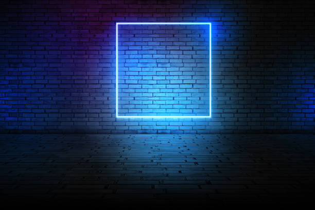 Futuristic Sci Fi Elegant Modern Neon Glowing Rectangle Frame Shaped Lines Tubes Purple Pink Blue Colored Lights In Dark Empty Grunge Concrete Brick Room stock photo