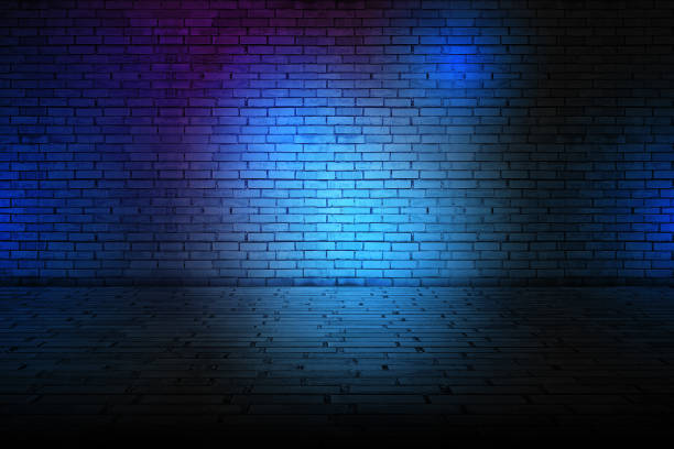 istock Futuristic Sci Fi Elegant Modern Neon Glowing Rectangle Frame Shaped Lines Tubes Purple Pink Blue Colored Lights In Dark Empty Grunge Concrete Brick Room 1164078469