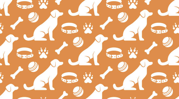 pet shop vektor nahtlose muster mit flachen ikonen von sitzenden hund, kragen, pfote, spielzeugball und knochen. weiße welpen silhouette auf braunen farbhintergrund, tier tapete für tierklinik - animal sitting brown dog stock-grafiken, -clipart, -cartoons und -symbole