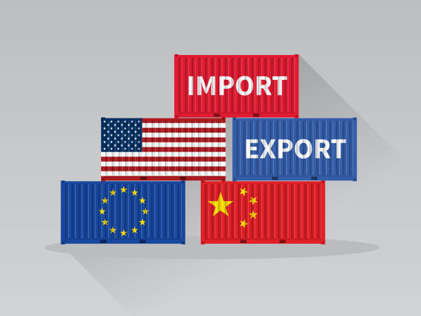 Stack of cargo containers with import export from USA, European and China, Trade concept. Stack of cargo containers with import export from USA, European and China, Trade concept. us recession stock illustrations