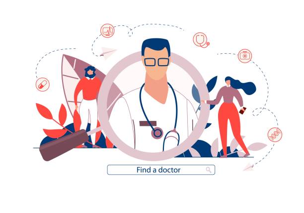 Advertising Poster is Written Find a Doctor Flat. Advertising Poster is Written Find a Doctor Flat. Flyer Posk Suitable Doctor Using Special Application with Database. Centered Photo Doctor on Top Magnifying Glass. Vector Illustration. in the center stock illustrations