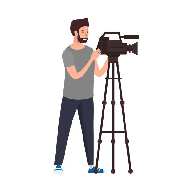 Vector illustration of TV videographer cameramen recording material for news using video camera on tripod movie making concept. Vector illustration in flat cartoon style